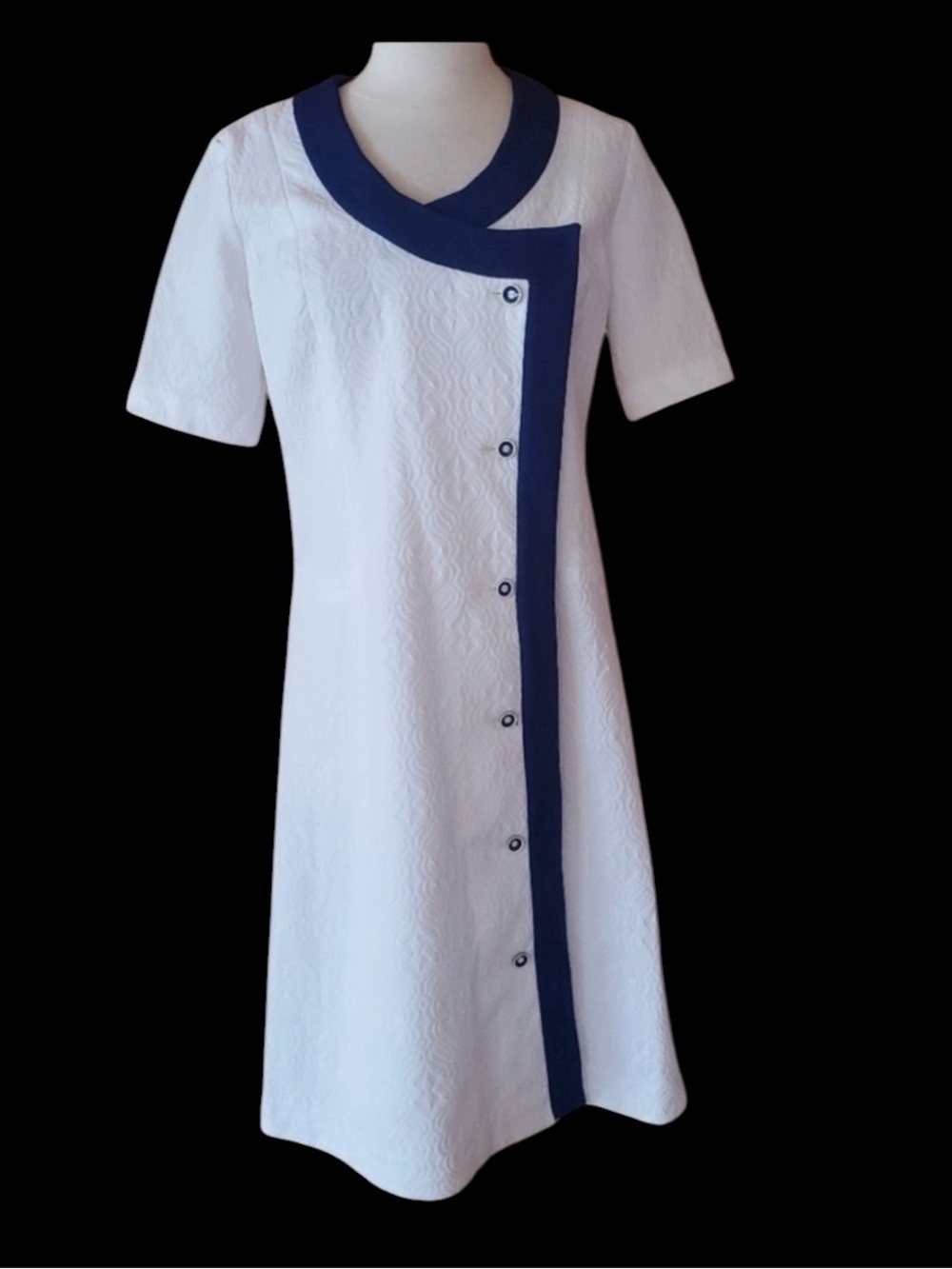 1960s Unlabeled Blue & White Embossed Poly Knit Dr